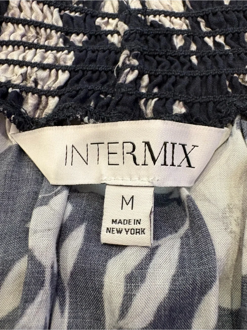 INTERMIX Emily Smocked Floral Off Shoulder Mini Dress Navy Boho Cottagecore  - M